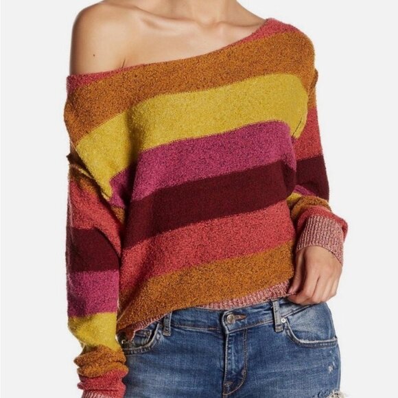 Free People Candyland Striped Pullover Sweater Women's Size XS Yellow Pink - Picture 2 of 7